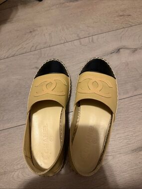CHANEL Yellow Leather Espadrilles with Black Cap Toe
